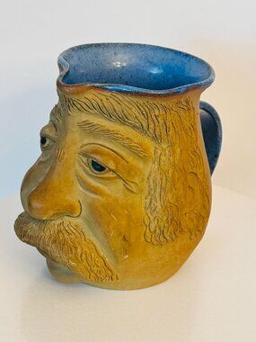 A&A Studio Pottery 3D Face Stoneware 8.5" Pitcher Tan Blue Signed